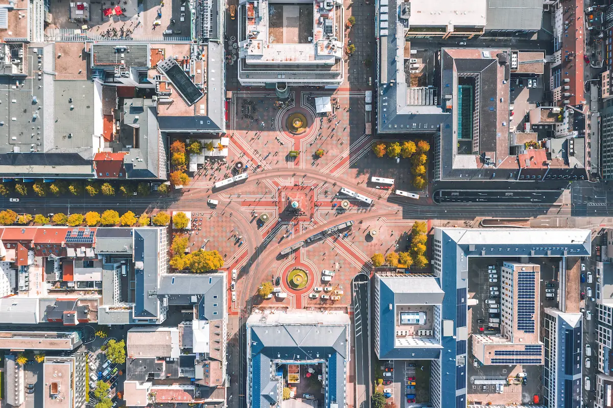 Der Luisenplatz in Darmstadt aus der Vogelperspektive.